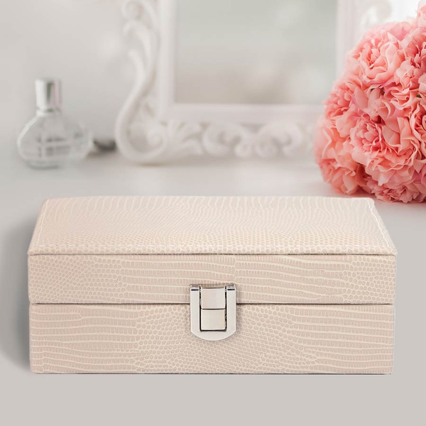 Grace Collection - Lizard Skin Pattern Rectangular Shaped  Anti-Tarnish Jewellery Box with Inside Mirror, Ring Rows & 2 Sections (Size 16x10x6cm) - Ivory