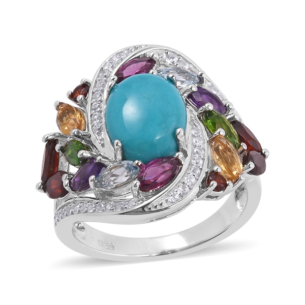 4.89 Ct Turquoise and Multi Gemstone Floral Ring in Rhodium Plated Silver 5.14 Grams