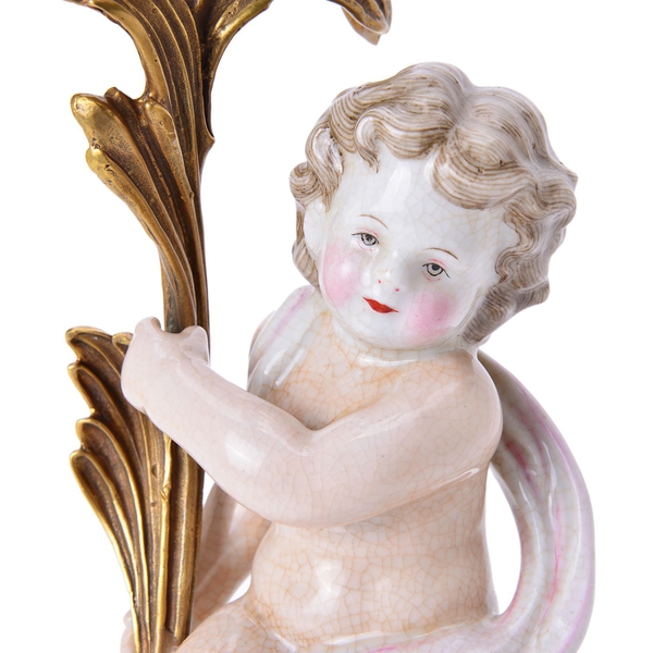 Hand Made Museum Collection - Bronze 4 Arms Candelabrum with Hand Painted Porcelain Angel (Size 45x14 Cm)