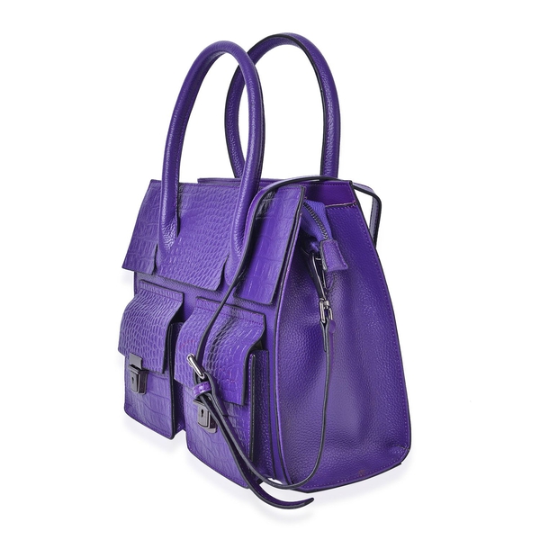 Genuine Leather Purple Colour Croc and Ostrich Embossed Tote Bag with External Zipper Pocket and Adjustable and Removable Shoulder Strap (Size 28x25.5x12 Cm)
