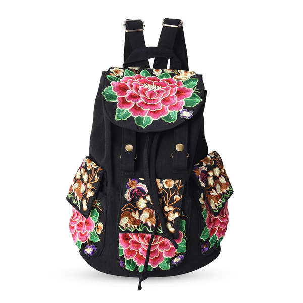 Embroidered Floral Pattern Backpack with Drawstring Closure and ...