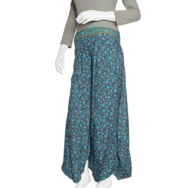 Blue, Aqua and Multi Colour Floral Printed High Waist Fold Over V Cut Palazzo Trouser (Free Size)