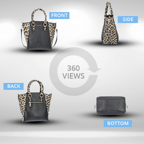 Sencillez 100% Genuine Leather Leopard Printed Handbag with Detachable Shoulder Strap (Size 23x11.5x26cm) - Black