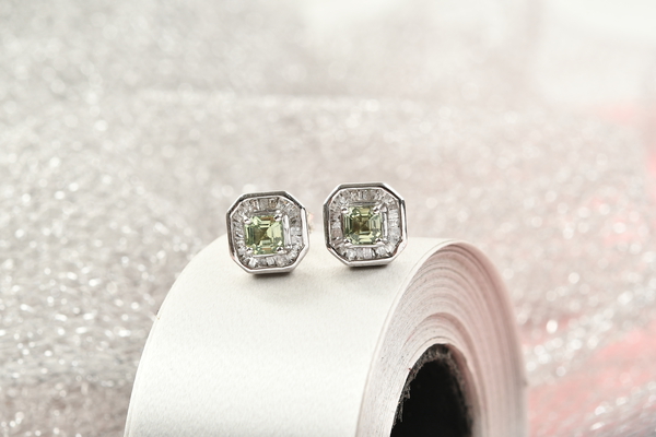 Green Sapphire and Diamond Stud Earrings (with Push Back) in Platinum Overlay Sterling Silver 1.16 Ct.