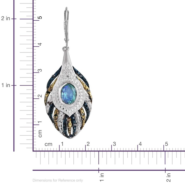 Peacock Quartz (Ovl), Blue and White Diamond Lever Back Earrings in Platinum Overlay Sterling Silver 3.250 Ct.