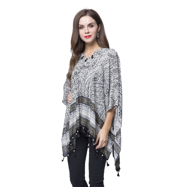Black, White and Multi Colour Bandana Pattern Poncho with Wooden Beads Adorned Tassels (Size 130X95 