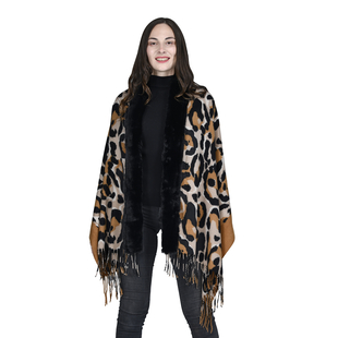 Leopard Pattern Faux Fur Shawl with Fringe - Brown