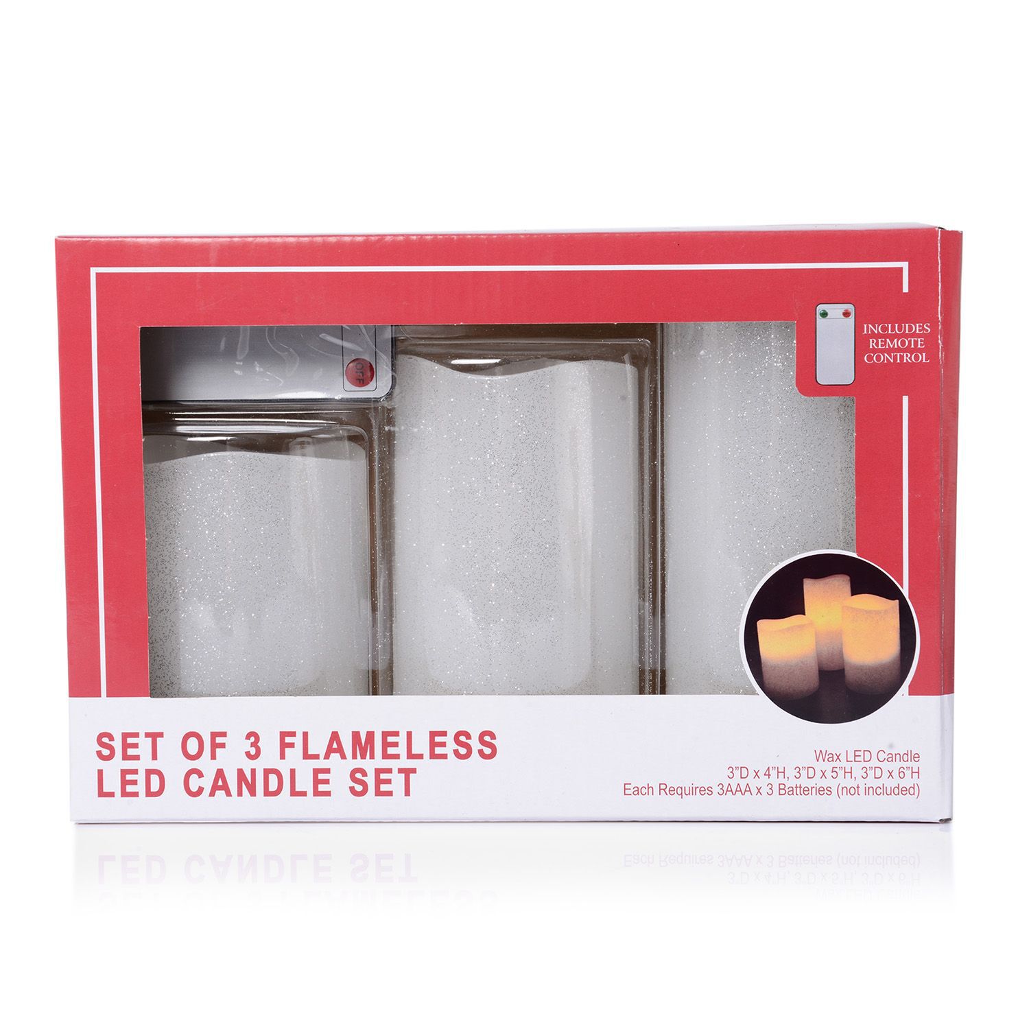 Set of 3 - Silver Colour Flameless Glitter Wax Candles with a Remote Control (Size 7.6x15- 7.6x12- 7.6x10 Cm)