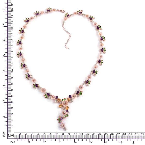 Jardin Collection - Pink Mother of Pearl, Citrine and Multi Gemstone Enameled Flower Necklace (Size 18 with 2 inch Extender) in Rose Gold Overlay Sterling Silver