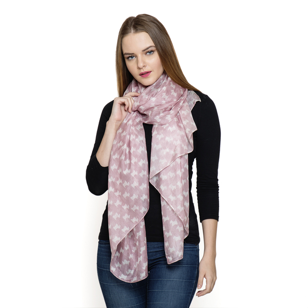 100% Mulberry Silk Pink and White Colour Dog Pattern Scarf (Size 180x100 Cm)