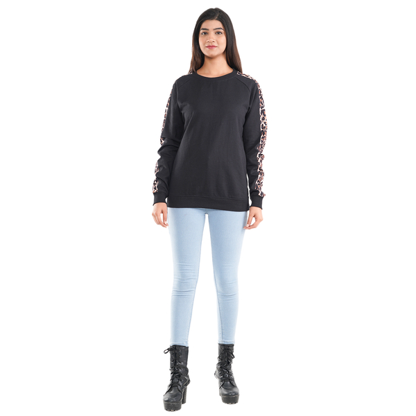 TAMSY 100% Cotton Leopard Pattern Sleeve Fleece Sweatshirt (Size L) - Black