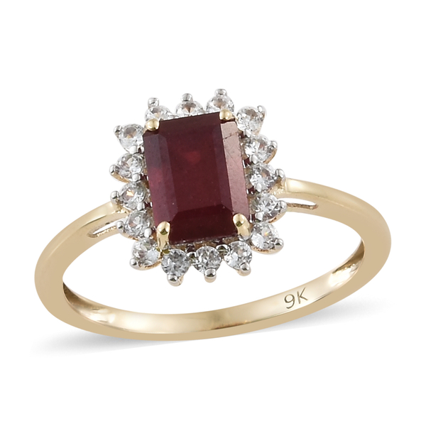 WEBEX- 9K Yellow Gold African Ruby (Oct 7x5mm), Natural Cambodian Zircon Halo Ring 1.850  Ct.