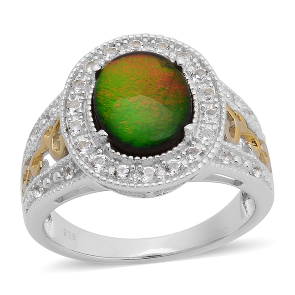 Canadian Ammolite (Ovl 2.25 Ct), White Topaz Ring in Yellow Gold Overlay and Sterling Silver 2.630 C