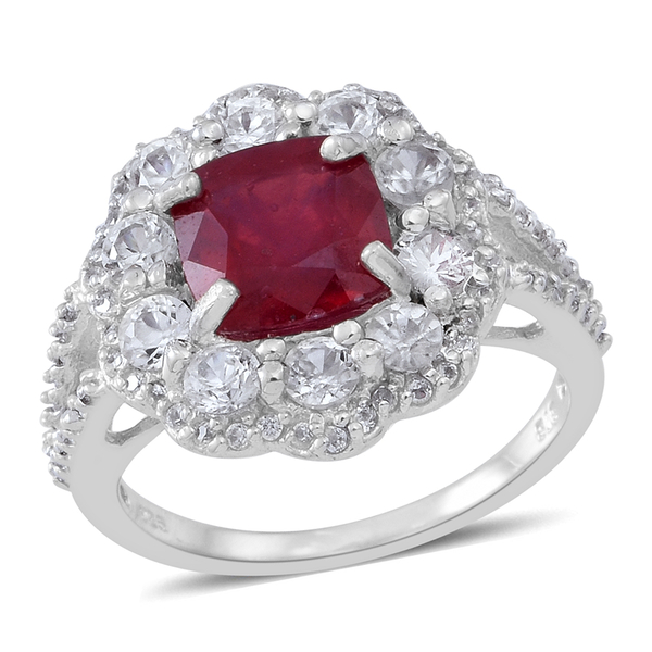 5 Ct African Ruby and Zircon Halo Ring in Rhodium Plated Sterling Silver