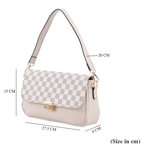 PASSAGE Checker Pattern Baguette Bag with Shoulder Strap (Size 28x15x8 Cm) - Beige