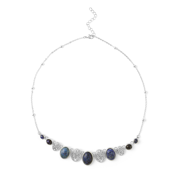 Lapis Lazuli and White Austrian Crystal Necklace (Size 22 with 2 Inch Extender) in Silver Tone
