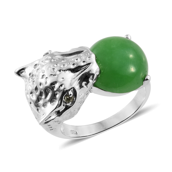 Green Jade (Rnd), Green Sapphire Leopard Head Ring in Platinum Overlay Sterling Silver 10.750 Ct.