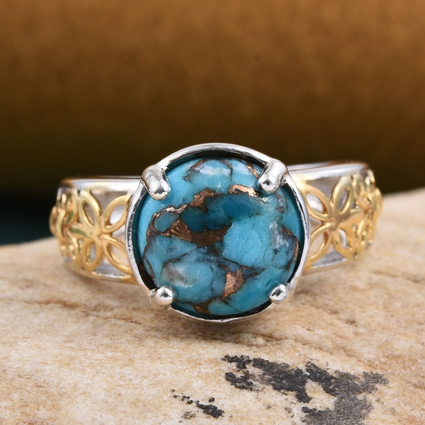 Blue Turquoise (Rnd) Solitaire Ring in Platinum and Yellow Gold Overlay Sterling Silver 3.500 Ct.