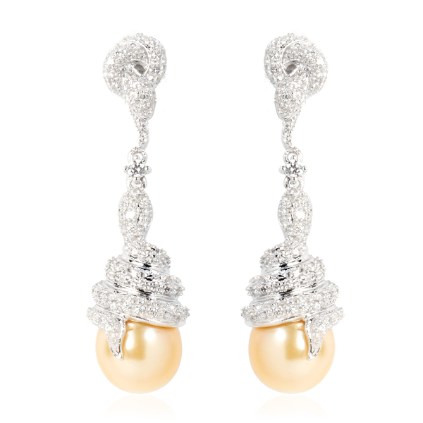 South Sea Golden Pearl and White Zircon Drop Earrings in Rhodium Plated Sterling Silver 8.7 Grams