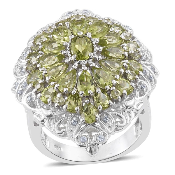 Hebei Peridot (Ovl 0.50 Ct), Natural Cambodian Zircon Ring in Platinum Overlay Sterling Silver 6.500