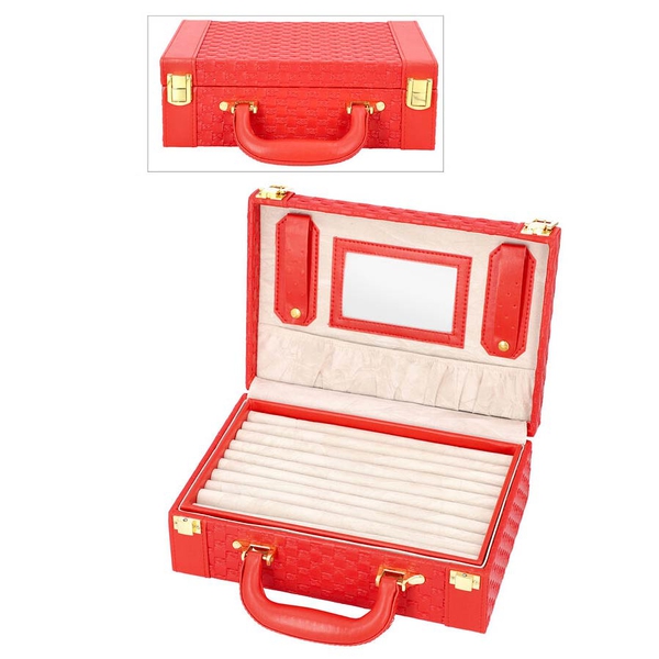 Red Colour Woven Pattern Briefcase Design Double Layer Jewellery Box with Mirror Inside (Size 27.5X1