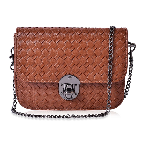 Chocolate Colour Weave Net Pattern Crossbody Bag with Removable Chain Strap (Size 18x13x5.5 Cm)