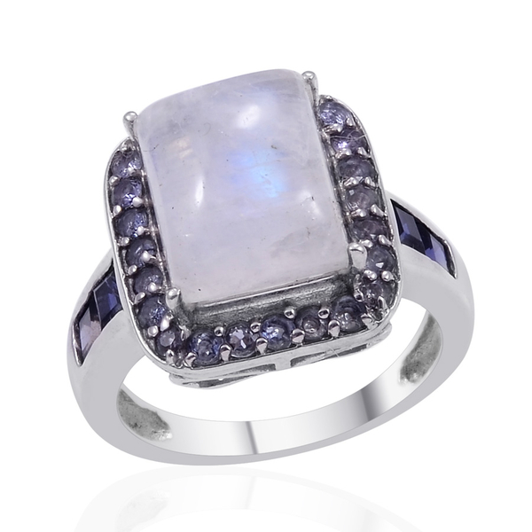 Rainbow Moonstone (Bgt 4.25 Ct), Iolite and Tanzanite Ring in Platinum Overlay Sterling Silver 5.250