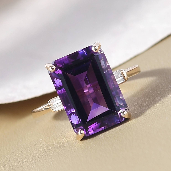 OTO - 9K Yellow Gold Natural Moroccan Amethyst (Octagon 14x10mm, 7.35 Cts) and Diamond Ring 7.50 Ct.