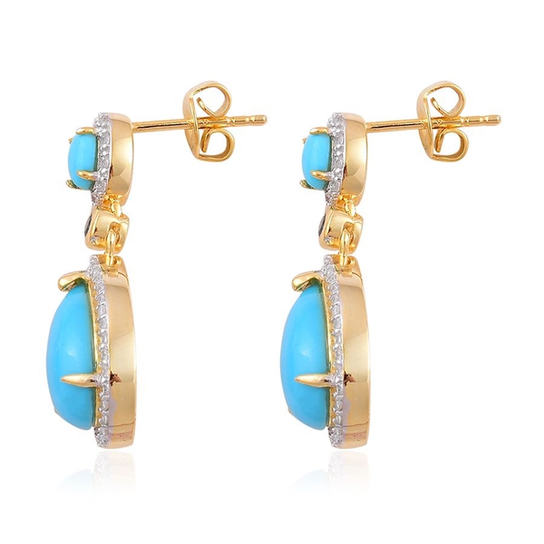 Arizona Sleeping Beauty Turquoise (Pear), London Blue Topaz and White Zircon Earrings (with Push Back) in Yellow Gold Overlay Sterling Silver 5.250 Ct.