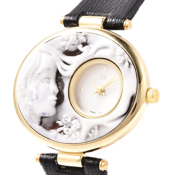 STRADA Japanese Movement Cameo Carved Dial Gold Tone Watch with Blue ...