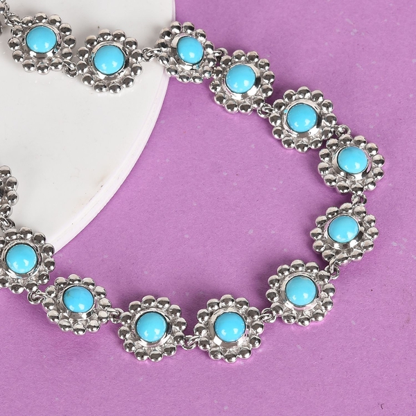 Arizona Sleeping Beauty Turquoise Floral Link Bracelet (Size 7) in Platinum Overlay Sterling Silver wt 11.98 Gms