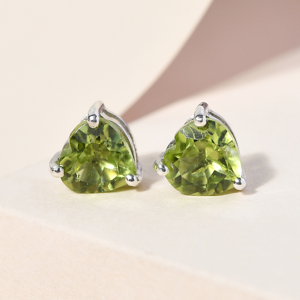 Hebei Peridot Heart Stud Earrings (with Push Back) in Platinum Overlay Sterling Silver 1.71 Ct.