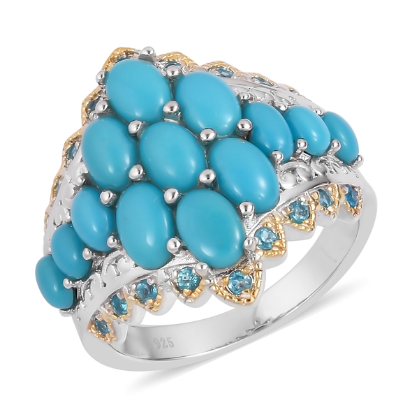 3.48 Ct Sleeping Beauty Turquoise and Apatite Cluster Ring in Gold Plated Silver 6.19 Grams