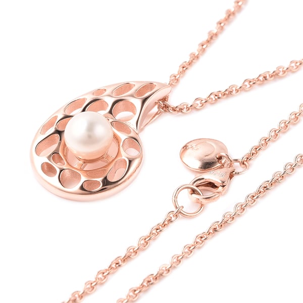 RACHEL GALLEY - Freshwater Pearl Pendant with Chain (Size 30) in Rose Gold Overlay Sterling Silver, Silver wt. 10.80 Gms