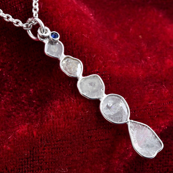 GP Launch- Artisan Crafted Polki Diamond and Blue Sapphire Dangle Pendant with Chain (Size 20) in Platinum Overlay Sterling Silver 1.03 Ct.