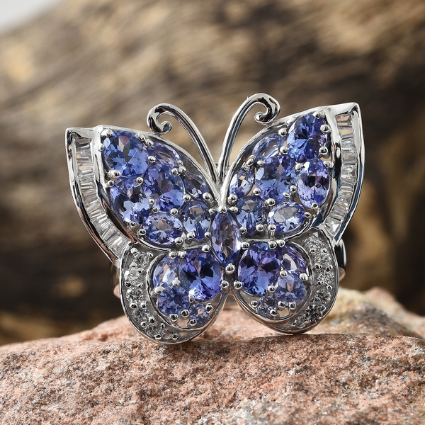Designer Inspired- Tanzanite and Natural Cambodian Zircon Butterfly Ring in Platinum Overlay Sterling Silver 6.250 Ct. Silver wt 8.20 Gms.