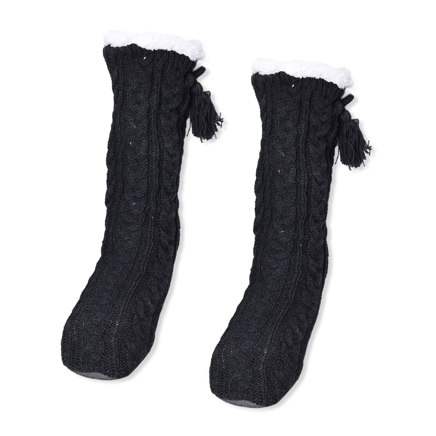 Set of 2 - Cable Knitting with Fringe and Sherpa Lined Suede Sole Slipper Socks (Size 24 Cm) - Black and White