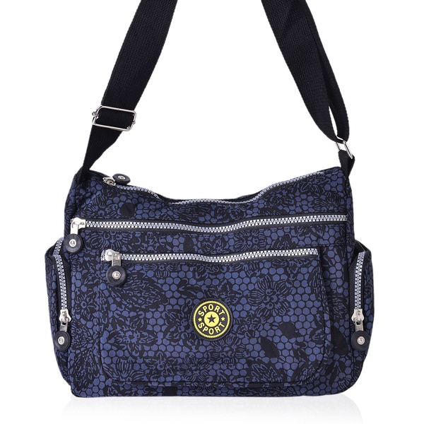 Navy and Black Colour Floral and Polka Dots Pattern Multi Pocket Waterproof Crossbody Bag with Adjus