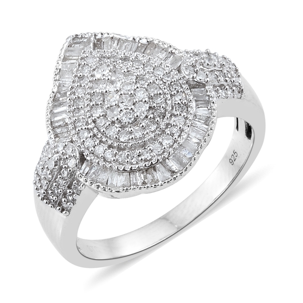 0.95 Ct Diamond Cluster Ring in Platinum Plated Silver 5.41 Grams