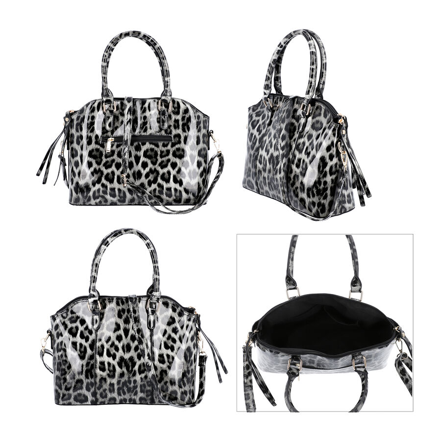 Black and White Leopard Pattern Tote Bag with Zipper Closure and Detachable Shoulder Strap ...