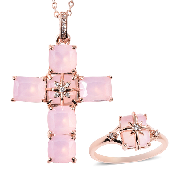 2 Piece Set - Simulated Rose Quartz and Simulated White Diamond Ring and Cross Pendant with Chain (S