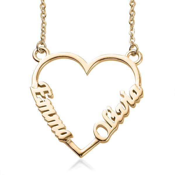 Personalised Heart Two Names Necklace in Brass, Size 18", Font- Freehand521 BT