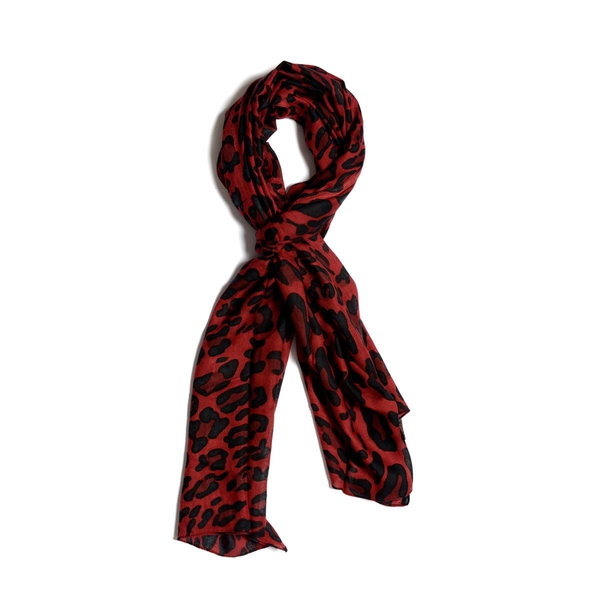 Leopard Print Red Scarf (Size 50x150 Cm) with Bangle and Hook Earrings in Gold Tone