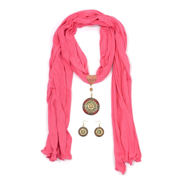 Hot Pink Viscose Scarf (Size 180x50 Cm) with Brass Pendant and Hook Earrings