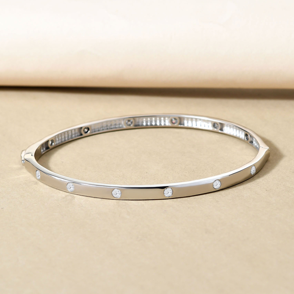 Moissanite Bangle (Size 7.5) in Platinum Overlay Sterling Silver 1.20 Ct, Silver Wt. 10.50 Gms