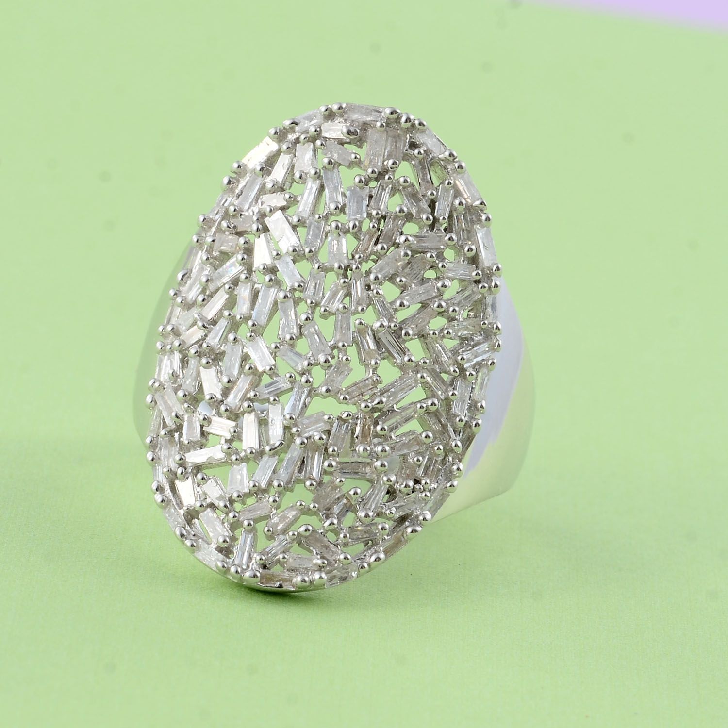 Designer Inspired Fire Cracker Diamond (Bgt) Cluster Ring in Platinum Overlay Sterling Silver 1.500 Ct.