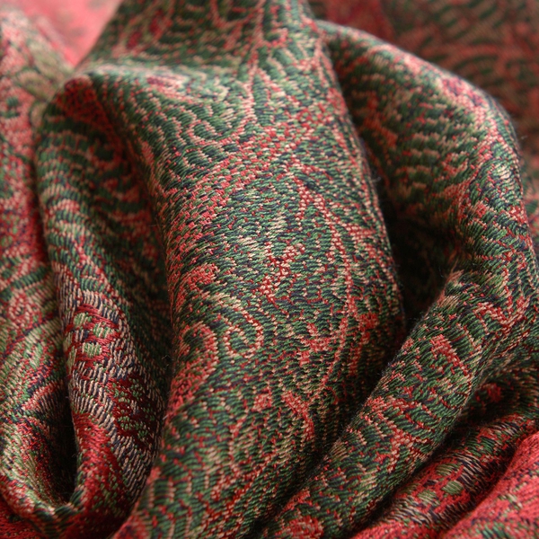 SILK MARK - 100% Superfine Silk Green and Multi Colour Paisley Pattern Red Colour Jacquard Jamawar Scarf with Fringes (Size 180x70 Cm) (Weight 125 - 140 Grams)