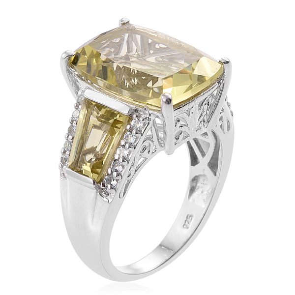 Natural Green Gold Quartz (Cush 9.90 Ct), White Topaz Ring in Platinum Overlay Sterling Silver 12.750 Ct.