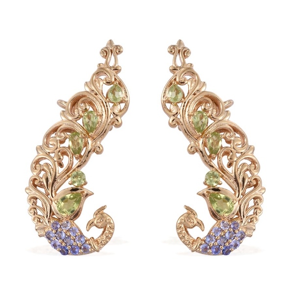 Royal Jaipur Hebei Peridot (Pear), Tanzanite and Ruby Earrings (with Push Back) in 14K Gold Overlay 