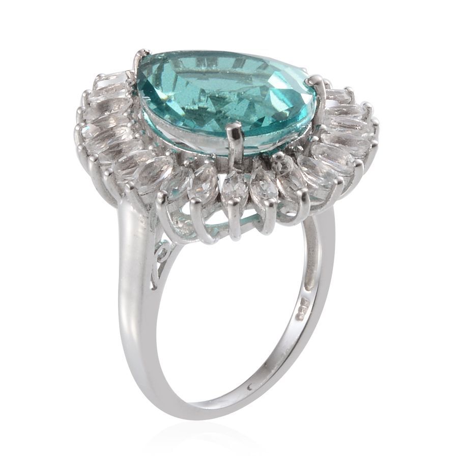 Paraiba Tourmaline Colour Quartz (Pear 9.00 Ct), White Topaz Ring in Platinum Overlay Sterling Silver 11.750 Ct.